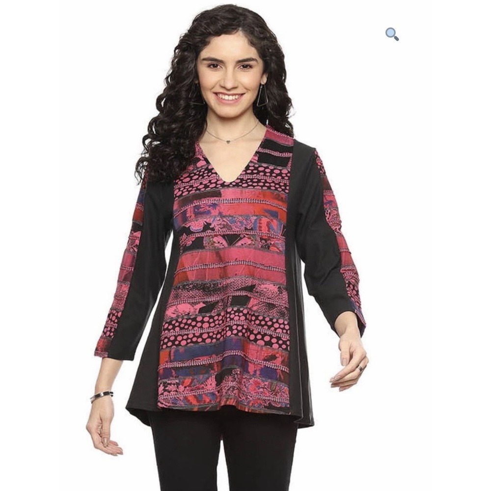 Parsley and Sage Asymmetrical Lagenlook Tunic Cotton Pink‎ Gray Rag Top Large